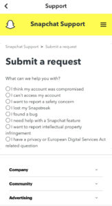 Snapchat Support Submit request