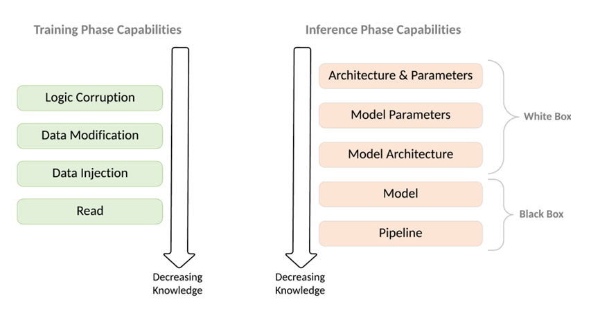 Attacker’s capabilities in the training and inference phases