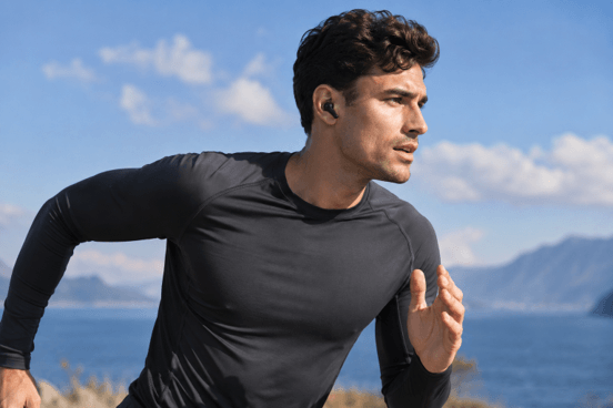 A man running outdoors wearing soundcore Liberty 5 Pro true wireless 