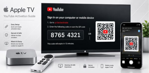 Apple TV YouTube sign in using yt.be/activate QR code