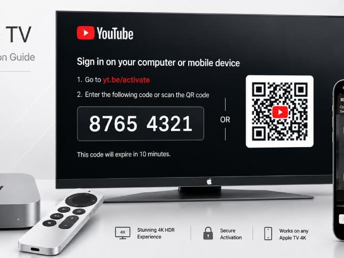 Apple TV YouTube sign in using yt.be/activate QR code