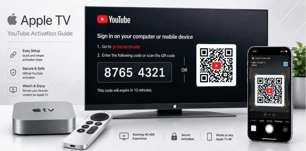 Apple TV YouTube sign in using yt.be/activate QR code